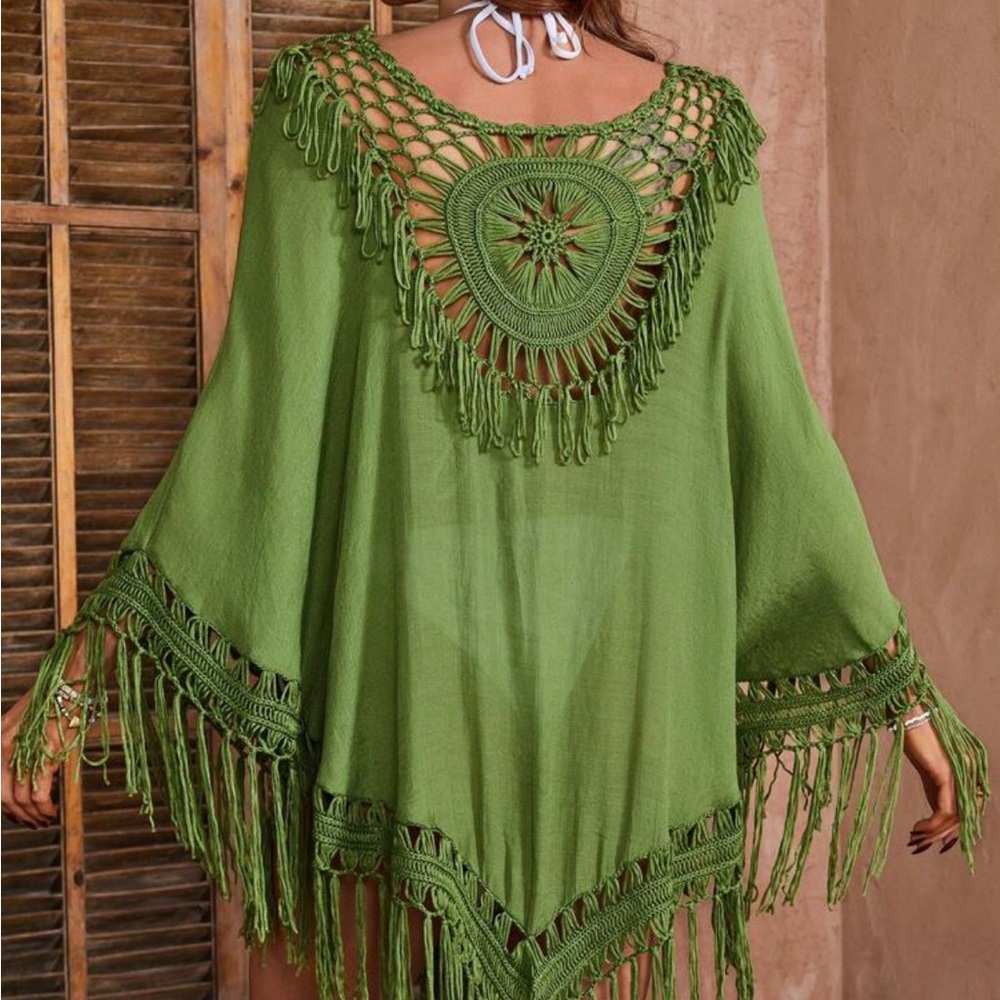 Swim BohoFeel 1pc Women's Crochet Panel Fringe Decoration Kimono Style Blouse